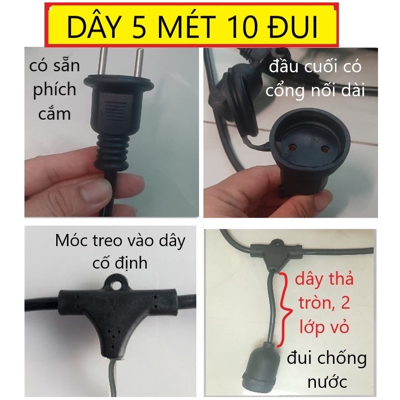 Dây đèn trang trí ngoài trời 5 mét với dây đui đèn thả E27 chống nước loại tốt loại 10 đui kèm 10 bóng led