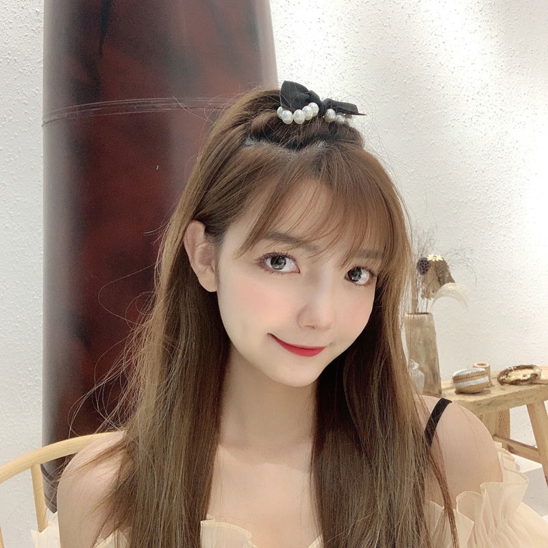 Dây buộc tóc đuôi ngựa thắt nơ đính ngọc trai phong cách Hàn Quốc đơn giản thời trang cho nữ