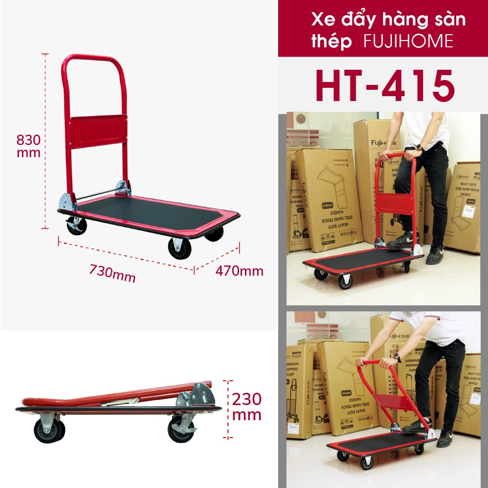 Xe đẩy hàng 4 bánh gấp gọn 100kg -200kg nhập khẩu CN Nhật Bản FUJIHOME đa năng, bánh cao su chống ồn, Bảo hành 1 năm