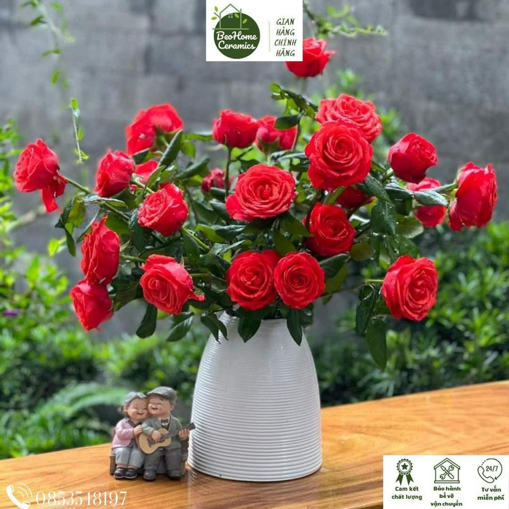 Lọ Hoa Bình gốm Bát Tràng dáng chuông H23cm cắm hoa thân ganh vân ngang sang đẹp