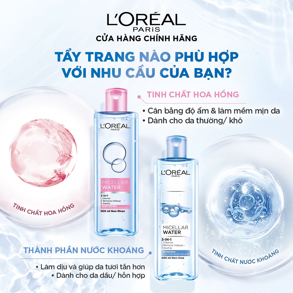 Nước tẩy trang cho mọi loại da L'Oreal Paris 3in1 Micellar Water 400ml