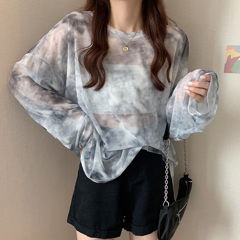 Áo Thun Nữ Tay Dài Dáng Rộng Màu Nhuộm Trong Suốt Thời Trang