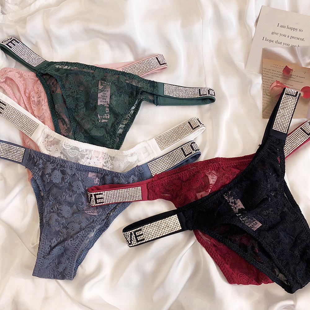 OCEANMAP Quần Lót Ren Hoa Lưng Thấp Đính Đá Lấp Lánh