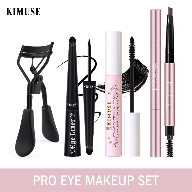 Bộ 4 Món KIMUSE Gồm Bút Kẻ Mày 2 Đầu Chống Nước + Mascara Dày Mi + Bút Kẻ Mắt Dạng Lỏng + Dụng Cụ Bấm Cong Lông Mi 110g