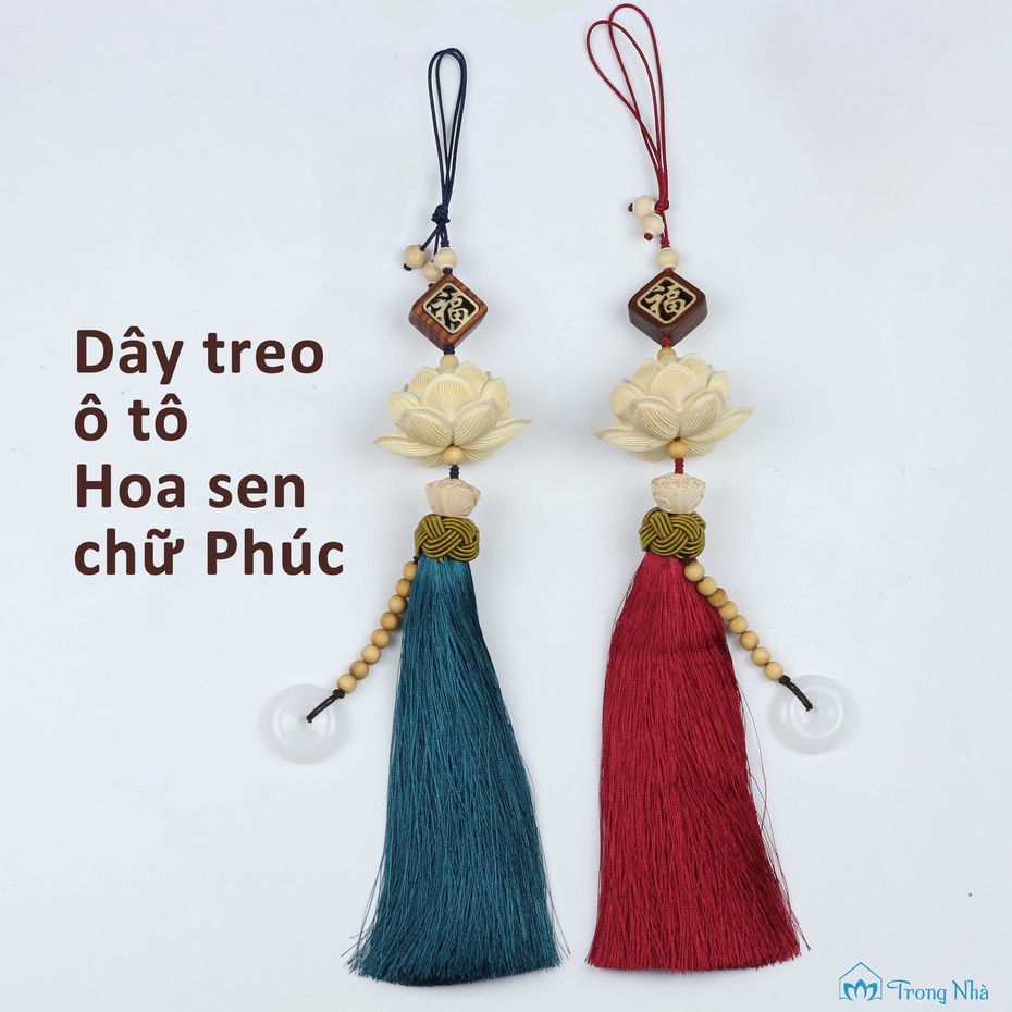 Dây treo xe ô tô phong thủy hình Phật gỗ - Dây treo xe hoa sen khắc chữ Phúc bình an, may mắn - Trong Nhà