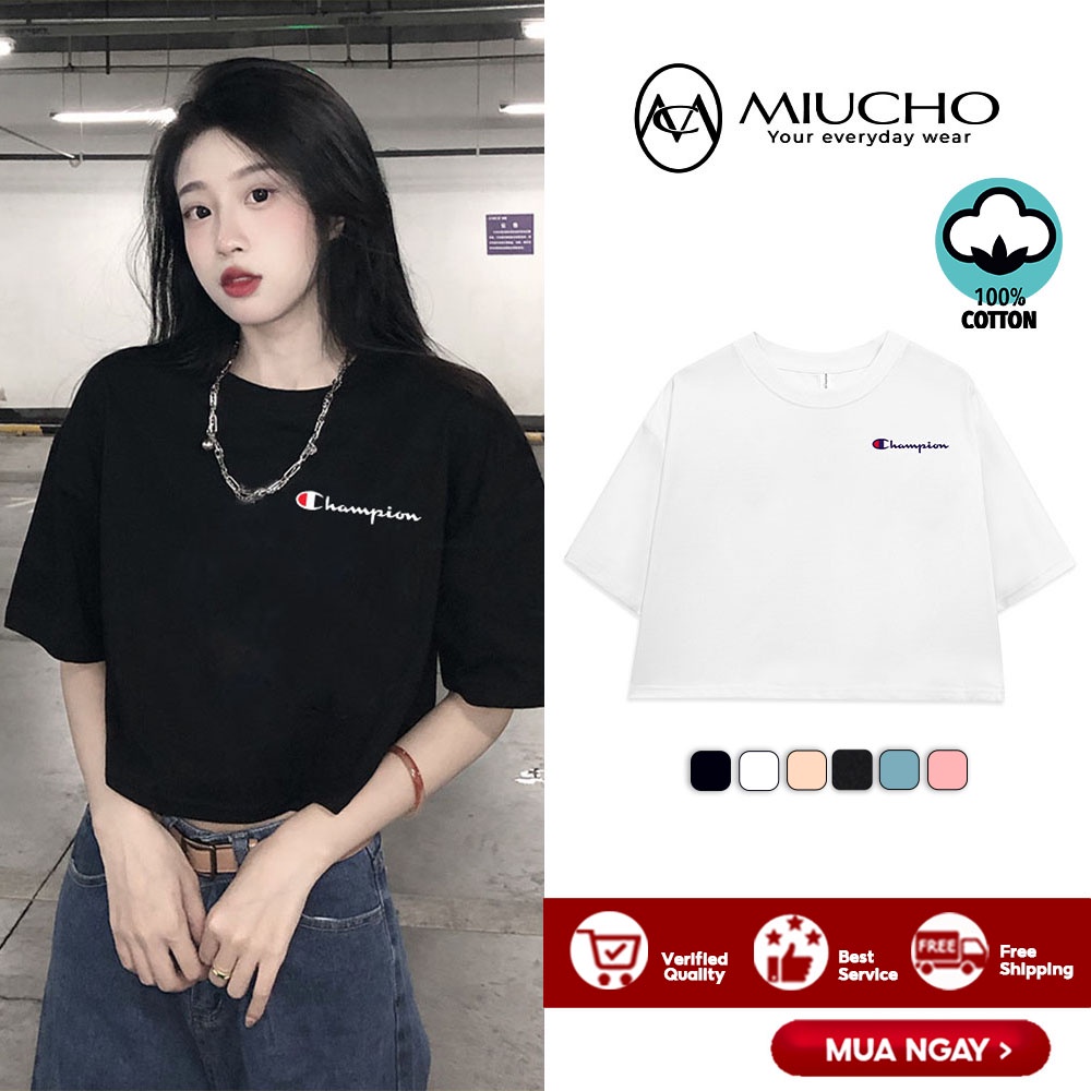Áo croptop nữ tay ngắn cổ tròn vải thun cotton kiểu hàn quốc CR003 Miucho in hình