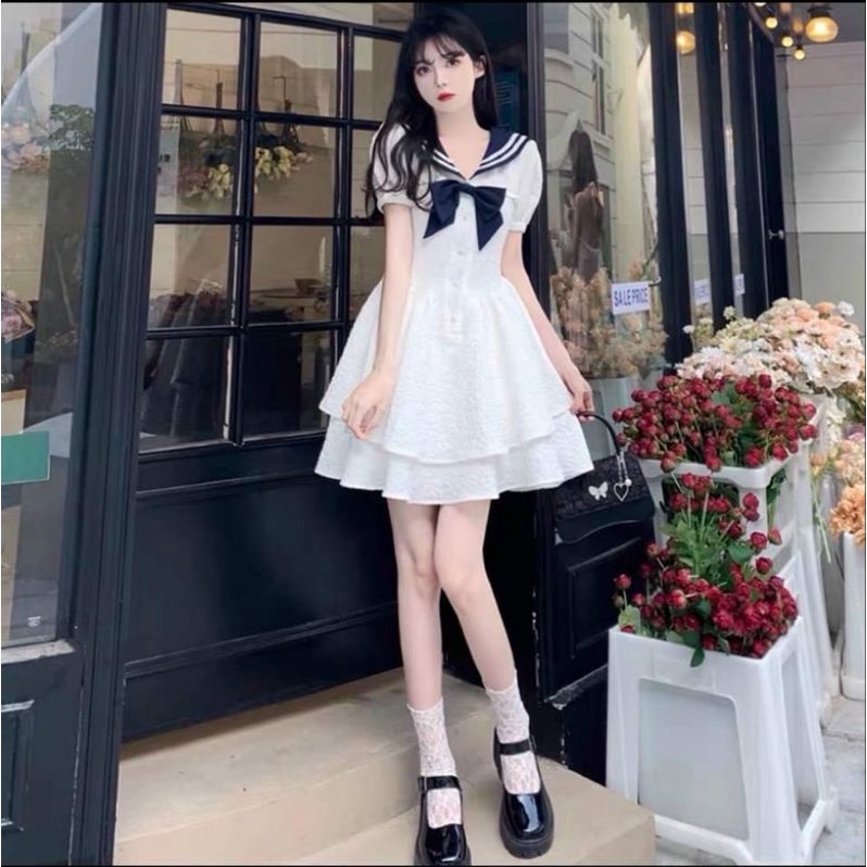 ĐẦM TRẮNG VIỀN XANH CỔ PHỐI NƠ