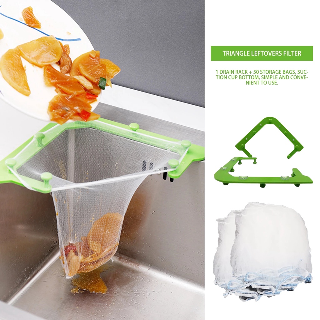 Set lưới lọc thức ăn thừa kèm khung tam giác treo bồn rửa chén tiện lợi