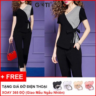SET BỘ DẠO PHỐ KIỂU ÁO PHỐI CARO CỘT NƠ QUẦN XẺ TÀ GOTI3086 - TẶNG GD