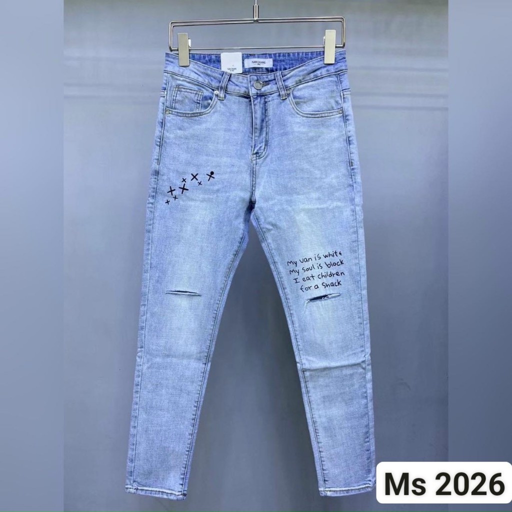 Quần jean nam màu xanh rách kiểu in chữ mẫu mới jean co giãn 2026