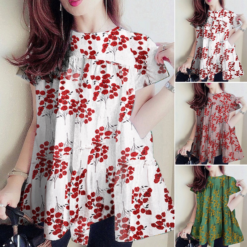Áo Zanzea Ngắn Tay Xếp Ly Họa Tiết Hoa Cổ Tròn Đơn Giản Cho Nữ