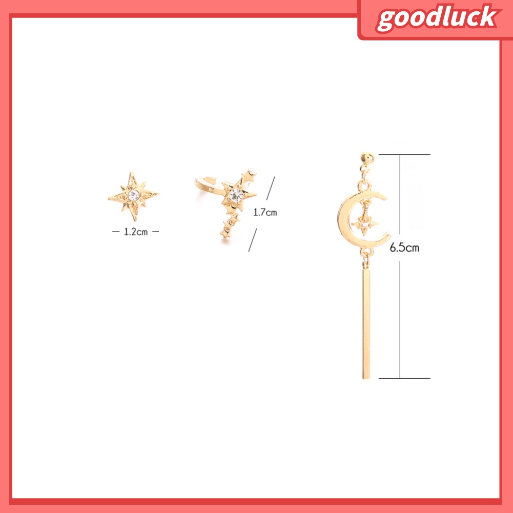 Set 3 Khuyên Tai Xỏ Hình Mặt Trăng / Ngôi Sao Đính Đá Thời Trang Cho Phụ Nữ