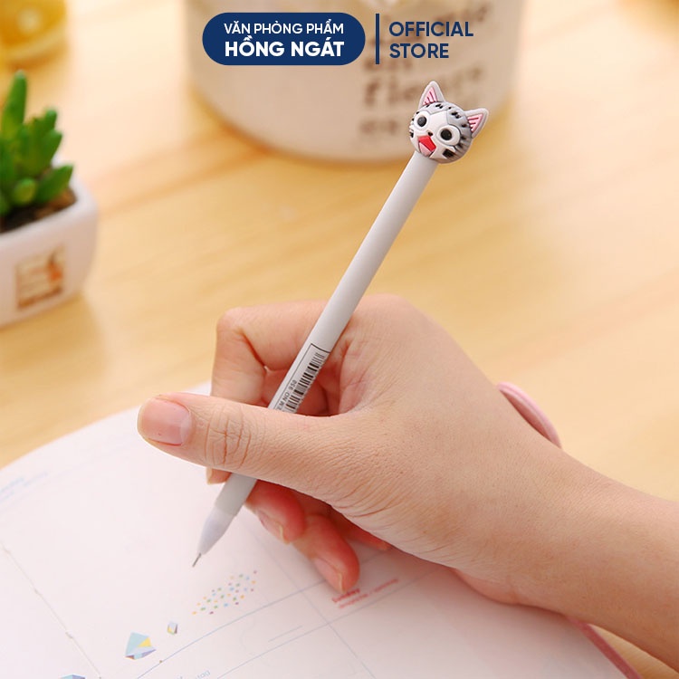 Bút bi cute mèo xám, bút bi nước mực gel đen ngòi 0.5mm nhiều màu dễ thương đồ dùng học tập văn phòng phẩm B27