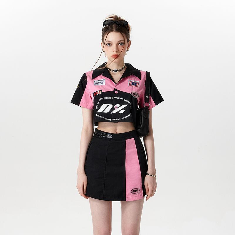 Set Đồ Gồm Áo Tay Ngắn Và Quần Lưng Cao Màu Sắc Tương Phản Thời Trang Mùa Hè Dành Cho Nữ