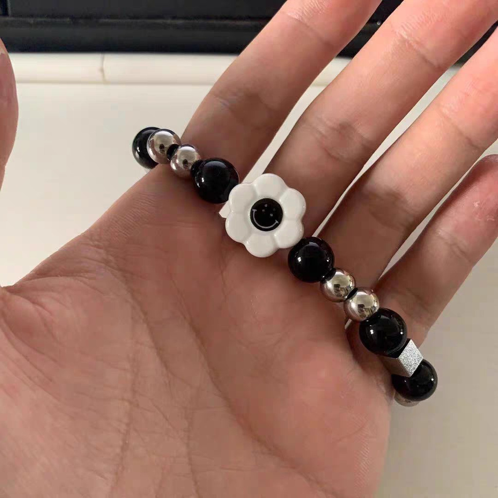 Vòng Tay Chuỗi Hạt Ngọc Trai Đen Mặt Hoa Hướng Dương Mặt Cười Phong Cách Nhật Hàn Quốc