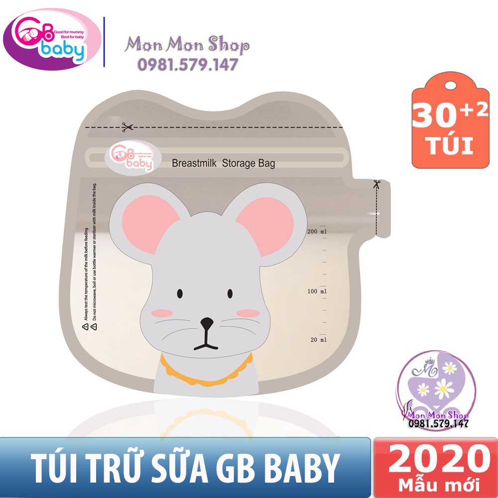 (Mẫu mới) Túi trữ sữa GB Baby 200ml có vòi rót hình bé chuột đáng yêu (32 túi/hộp)