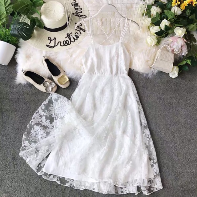 (Order) Đầm maxi ren hoa, 2 dây đan dây hở lưng sexy, bánh bèo hè 2019