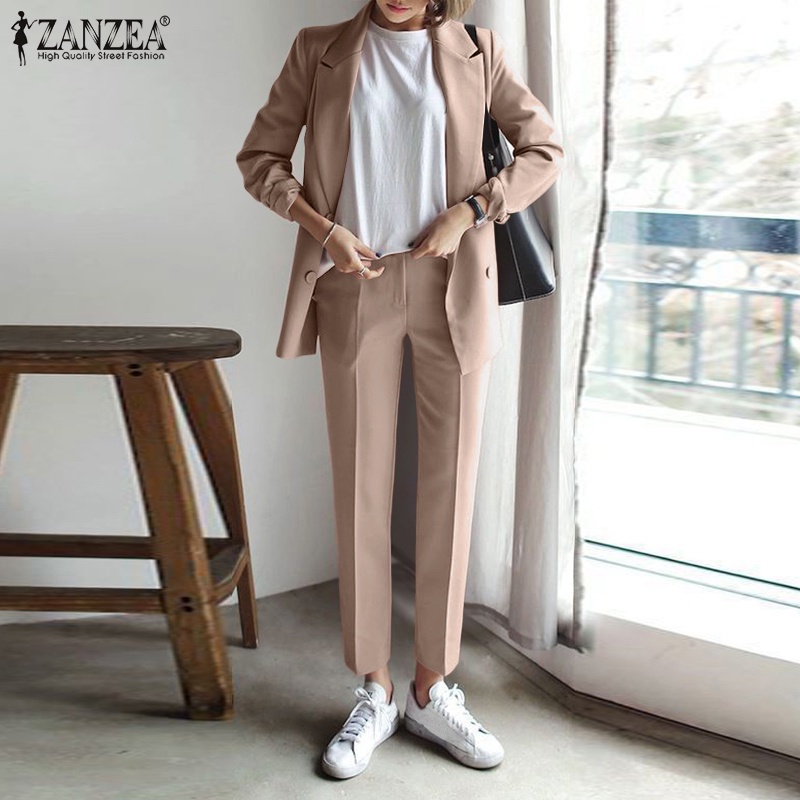 Bộ trang phục ZANZEA áo blazer và quần dài ôm dáng màu trơn đơn giản phong cách Hàn Quốc cho nữ