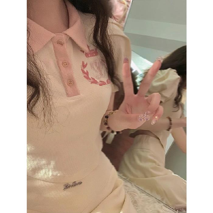 Set Áo Thun polo Ngắn Tay + Chân Váy Chữ a Màu Trơn Thời Trang Nữ Tính