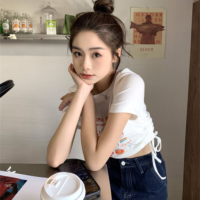 COZOK Áo Thun Tay Ngắn Cổ Tròn Phối Dây Rút In Họa Tiết Thời Trang Cho Nữ