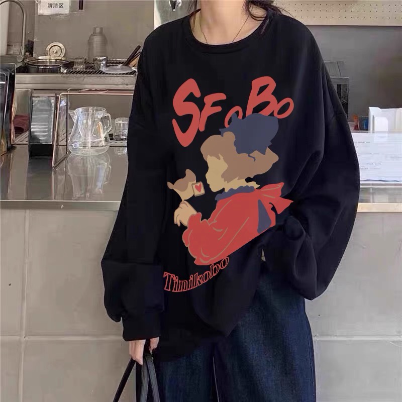 Áo sweater SUXI dài tay cổ tròn dáng rộng in hình hoạt hình dễ phối đồ