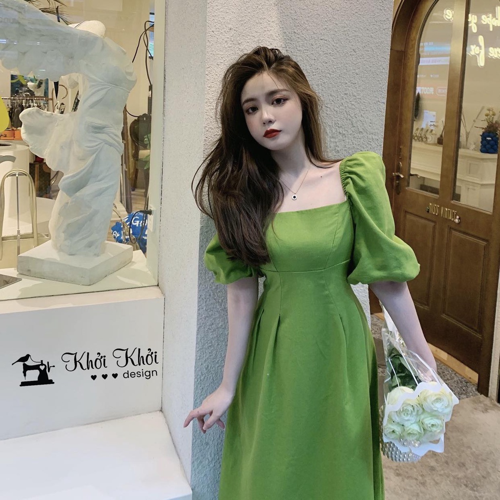 [HÀNG MAY THEO ĐƠN] Mùa hè Pháp tea break cổ vuông váy chữ A nữ xếp gấp che bụng phong cách Hàn quốc