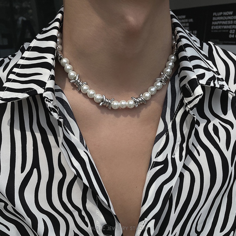 Vòng cổ Đính Hạt Ngọc Trai Phong Cách Hip Hop Cho Nam