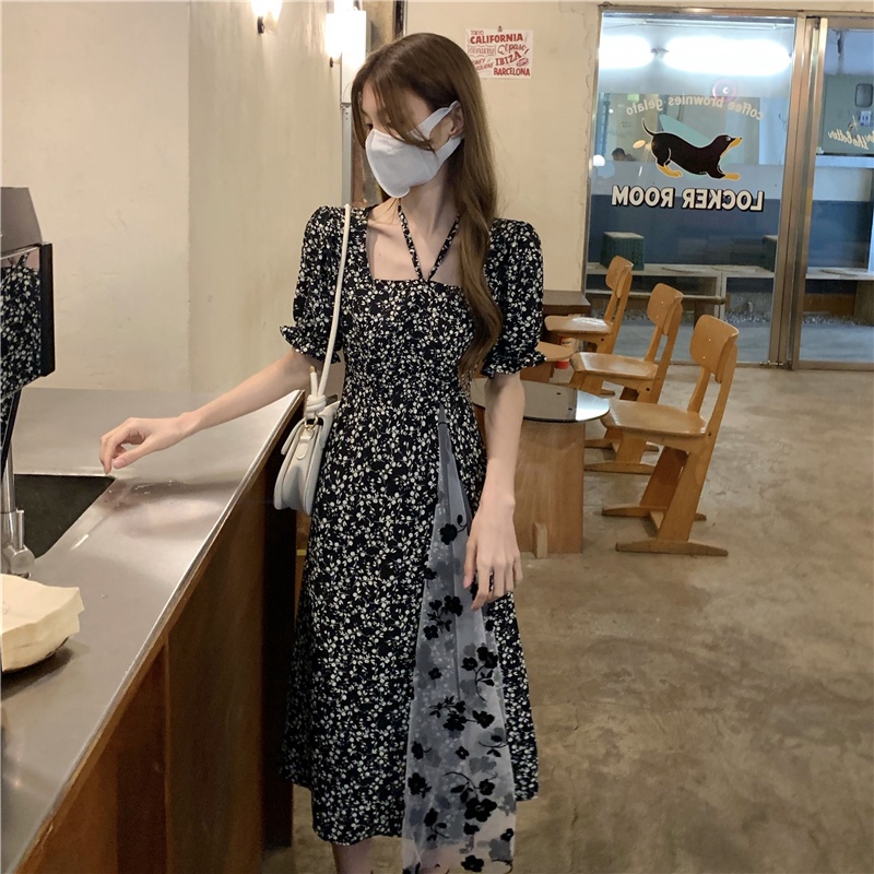 Đầm ZHELIHANGFEI họa tiết hoa cổ vuông dáng dài xinh xắn dành cho nữ