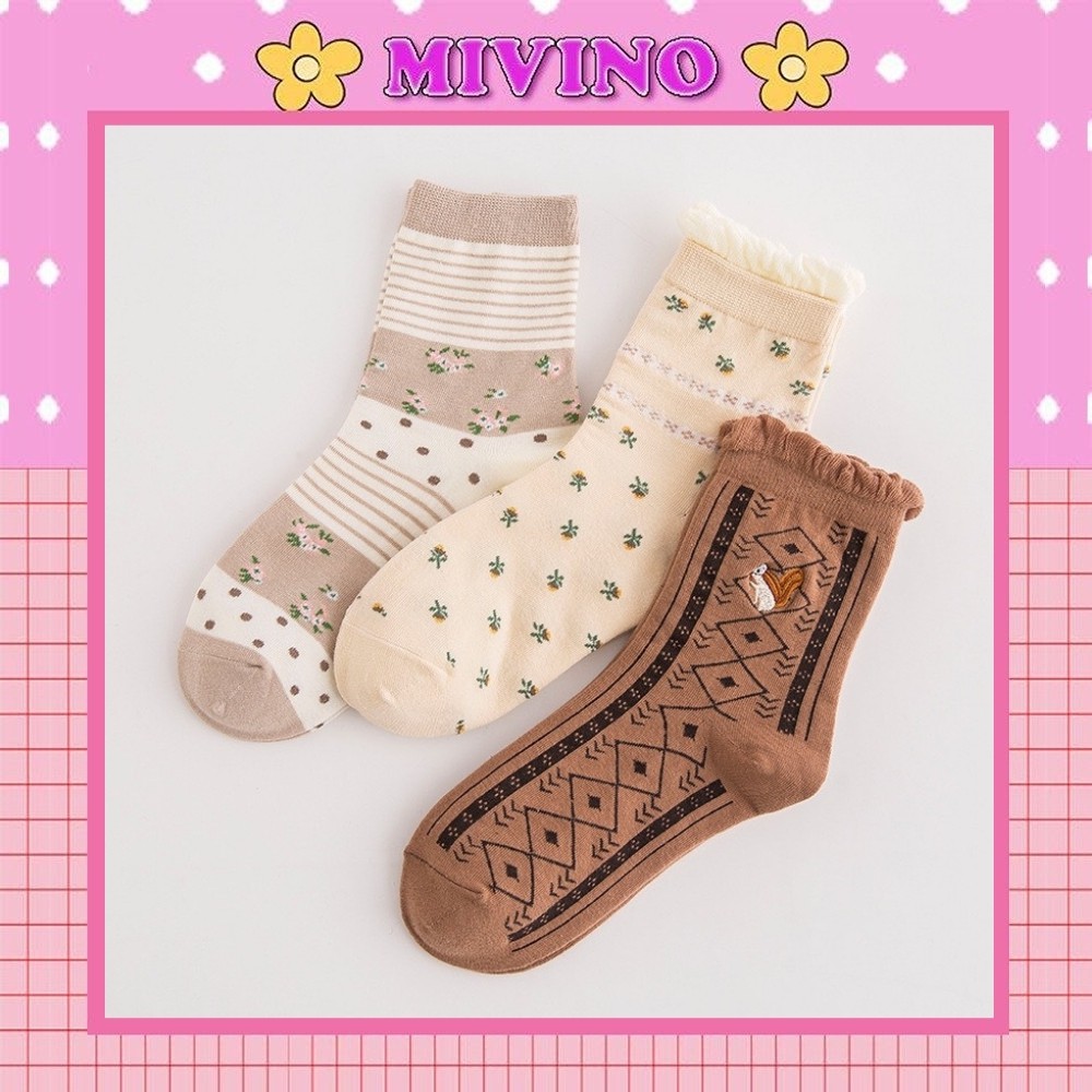 Vớ cổ cao Mivino tất Hàn Quốc họa tiết hoa nhí hình sóc nhẹ nhàng TN97