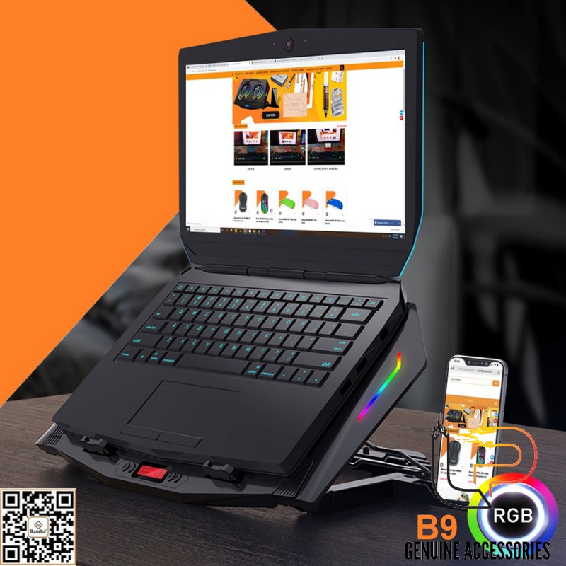 ĐẾ TẢN NHIỆT LAPTOP LED RGB BAMBA B9 (2 QUẠT) - QUẠT LÀM MÁT LAPTOP BAMBA B9 (2 QUẠT)