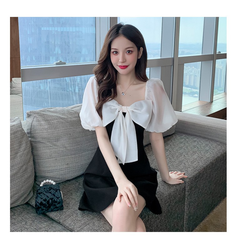 Váy Đầm Nơ Bản To Tay Trắng Xinh Xắn Chào Hè