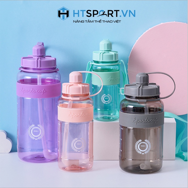 Bình Nước Thể Thao, Bình Đựng Nước Tập Gym Nhựa 600ML - 2 Lít Tặng Kèm Dây Đeo Và Ống Hút Cao Cấp