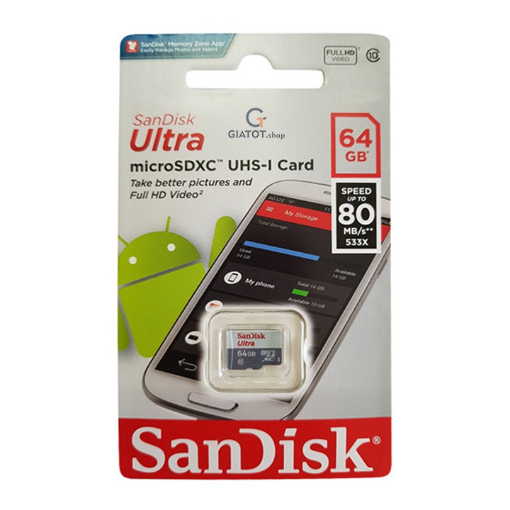 Thẻ nhớ 64Gb SanDisk Ultra Class 10 80Mb/s chính hãng-BH 5 năm