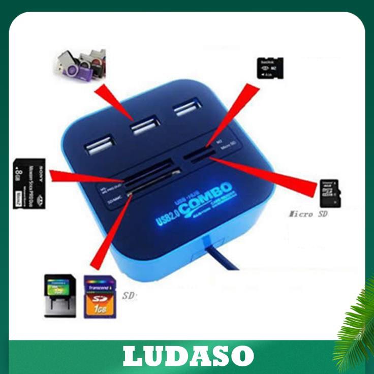 Bộ chia USB HUB kiêm đầu đọc thẻ nhớ 2 in 1 cổng 2.0 giá rẻ mẫu 3 giao màu ngẫu nhiên LUDASO
