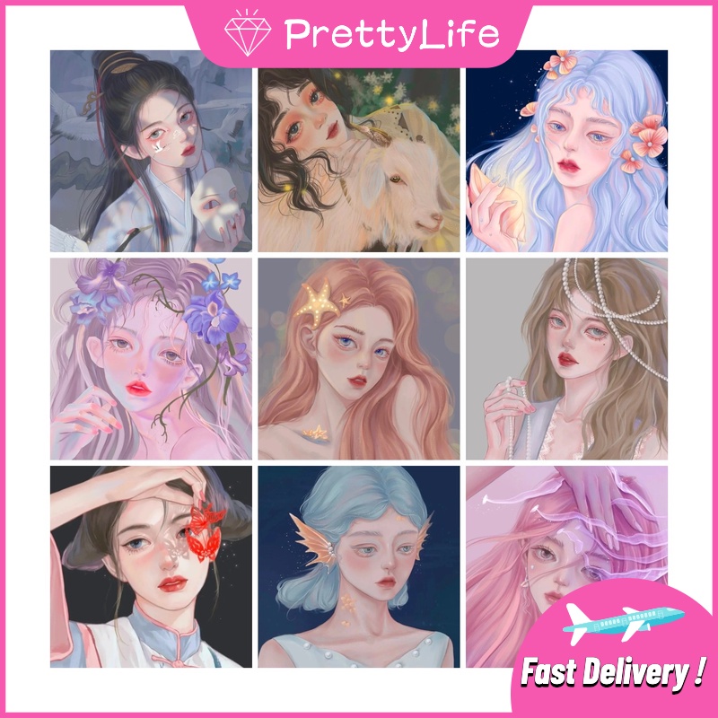 Bộ tranh đính đá 5D họa tiết cô gái &amp; hoa độc đáo DIY 30x30cm/40x40cm/50x50cm