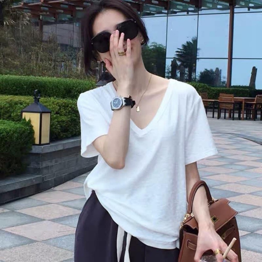 Áo thun cộc tay cổ tim tròn chữ v nhiều màu chất liệu mát ngắn tay chất cotton dáng suông form rộng mỏng milow fecret