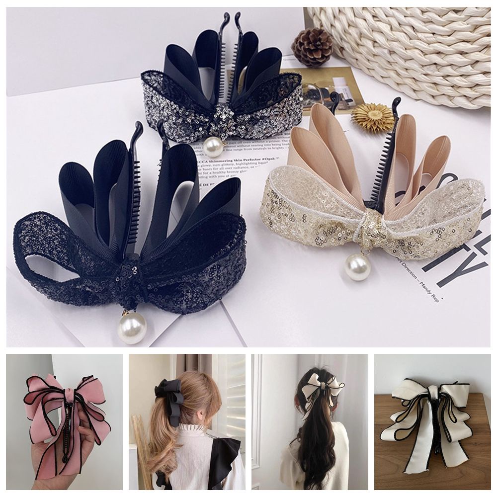 Kẹp tóc ruy băng thắt nơ đính ngọc trai xinh xắn cho nữ