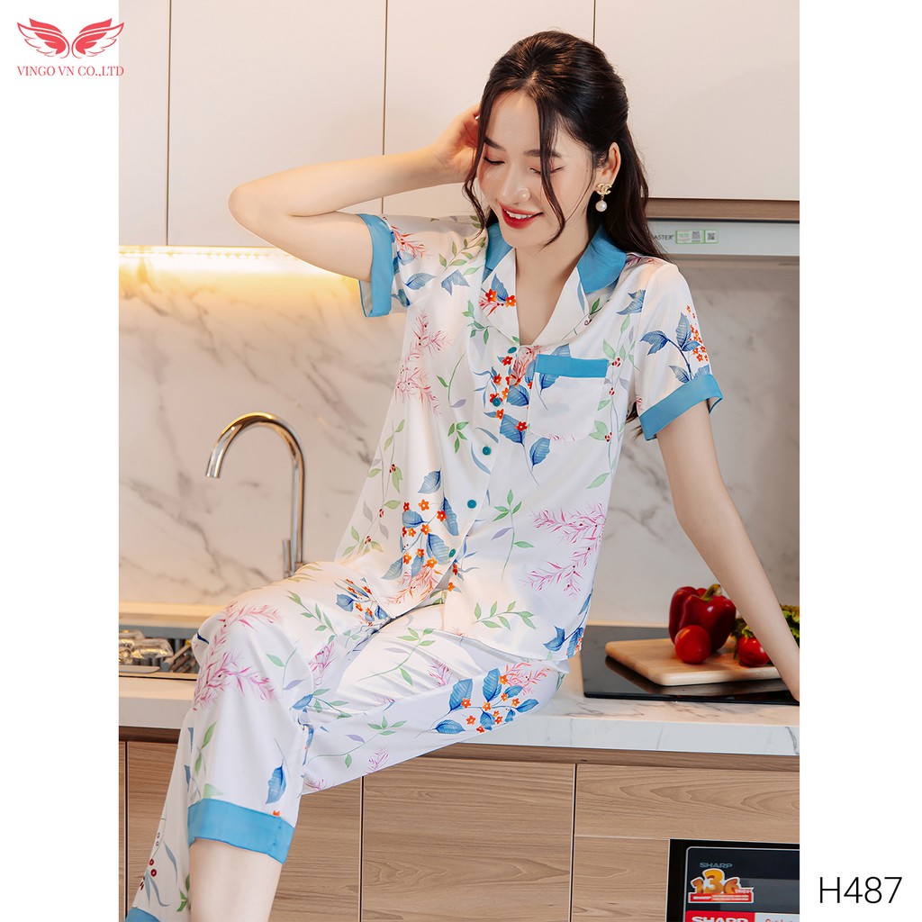 Đồ Bộ Ngủ Nữ Pijama Mặc Nhà VINGO Lụa Pháp Cao Cấp Tay Cộc Quần Dài Họa Tiết Hoa Phối Xanh Thanh Lịch H487 VNGO