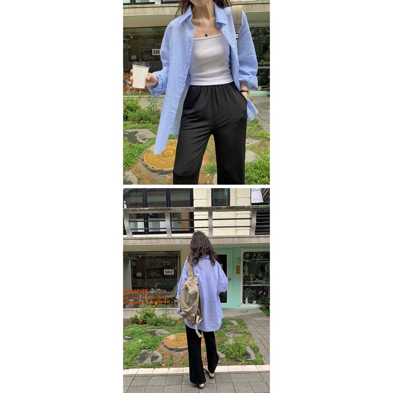 Áo Sơ Mi Tay Dài Dáng Rộng Họa Tiết Kẻ Sọc Màu Xanh Dương Thời Trang Mùa Hè Mới