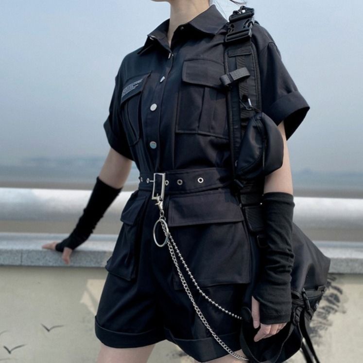 Áo Liền Quần Màu Đen Tay Ngắn Dáng Ôm Eo Cao Phong Cách Harajuku Thời Trang Mùa Hè 2020 Cho Nữ