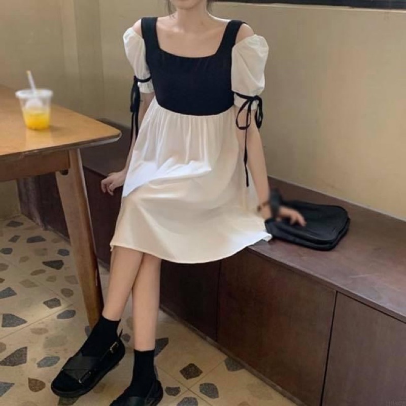 Đầm kiểu babydoll phồng tay ngắn nữ chuẩn trơn cổ vuông - Order taobao quảng châu