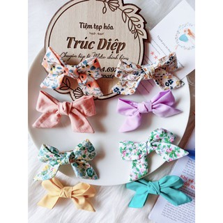 [Handmade] Set 2 kẹp tóc gắn nơ hoạ tiết hoa nhí+ trơn cho bé gái