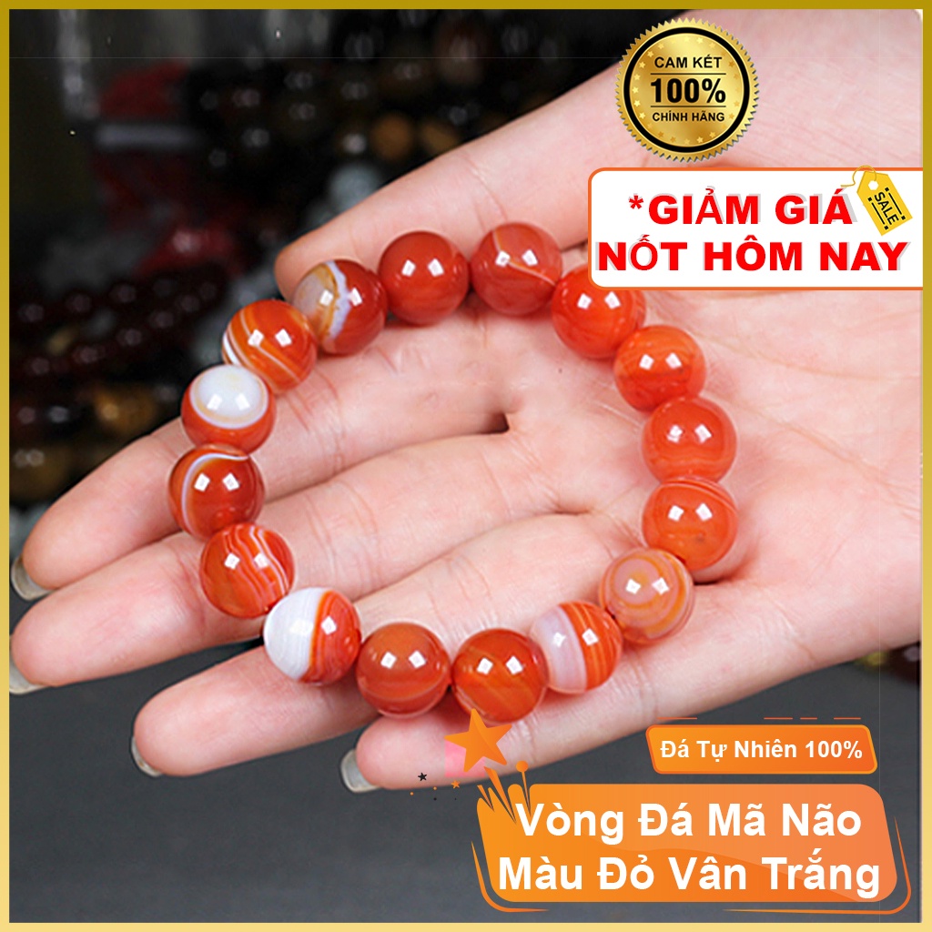 Vòng tay phong thủy Đá Màu Đỏ Vân Trắng hợp Nam Nữ mệnh Thổ Hỏa đủ cỡ hạt 8 10 12 14 16 ly May mắn - Tặng dây dự phòng