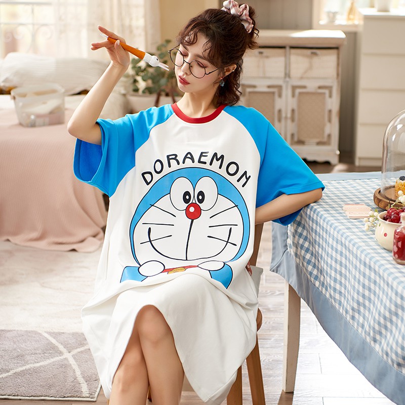 Bộ Đồ Ngủ Cotton Ngắn Tay In Họa Tiết Mèo Doraemon Thời Trang Hè 2021 Cho Nữ