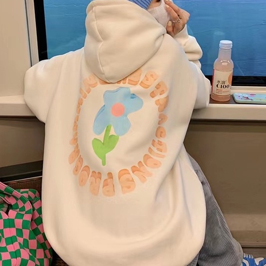 Áo Hoodie Dáng Rộng Họa Tiết Hoa Xinh Xắn Dễ Phối Đồ