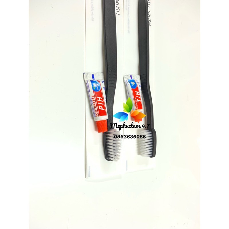 [100] Bàn chải đen cao cấp kèm kem đánh răng đút túi trắng sữa cho khách sạn, resort, homestay -nhận in logo