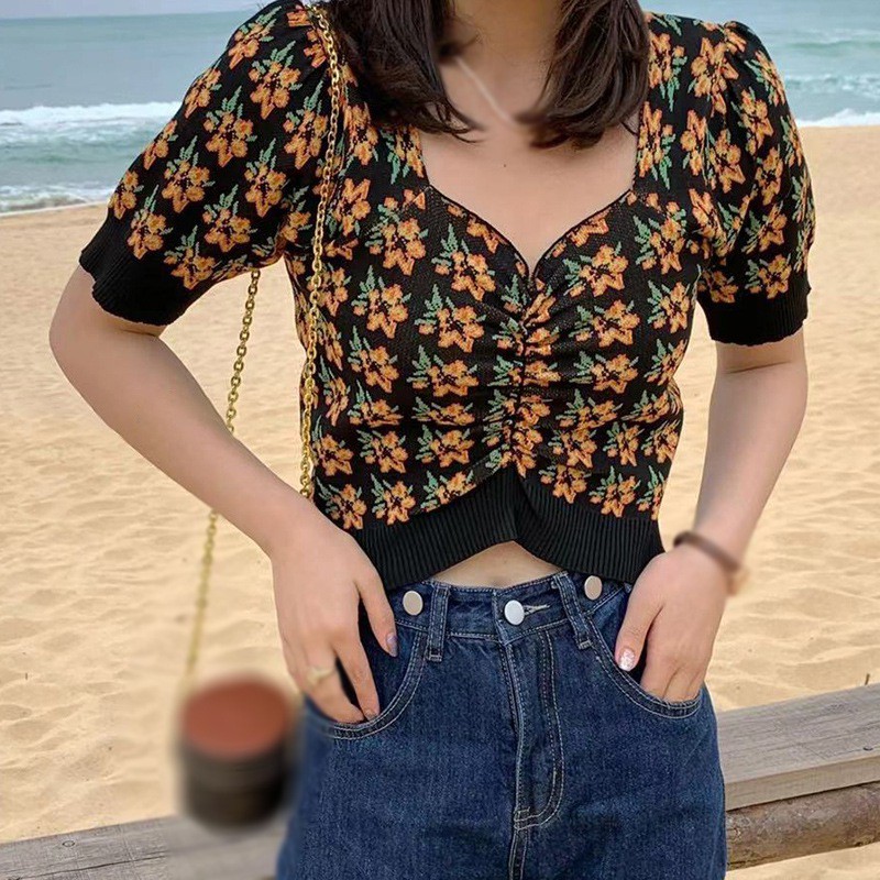 Áo Lửng Ngắn Tay In Họa Tiết Hoa Quyến Rũ Dành Cho Nữ