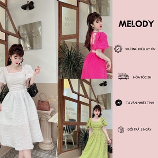Váy Khoét Lưng Thắt Nơ Cổ, Đầm Tay Phồng Dáng Xòe Thiết Kế 2 Lớp Có 3 Màu Trắng, Hồng, Xanh Cốm