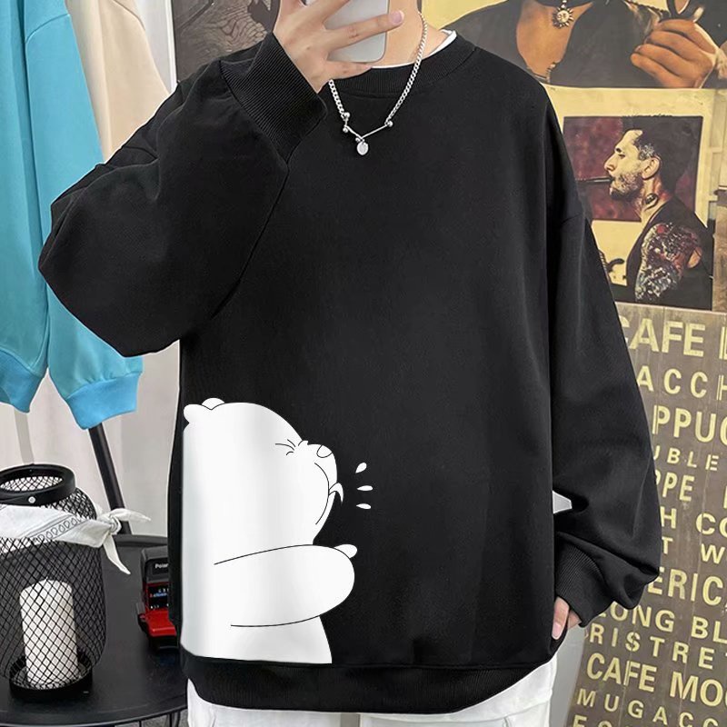 Áo sweater dáng rộng 45kg-110kg dài tay cổ tròn in hình gấu phối nhung nhiều màu cho nam nữ