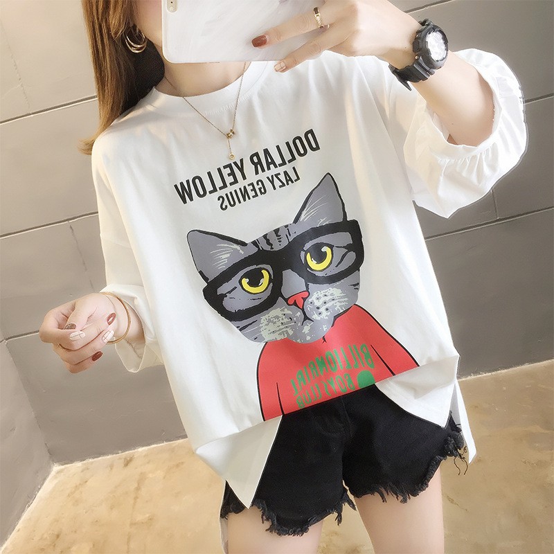 [ HOT ] ÁO THUN COTTON PHIÊN BẢN HÀN QUỐC IN HÌNH MÈO ĐÁNG YÊU - TRẮNG